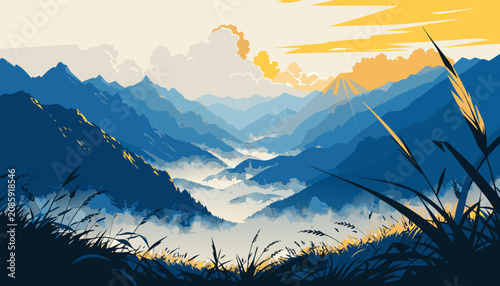 Pixel art mountain landscape at sunset with fog