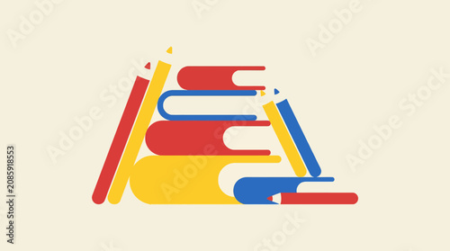 Stacked school books and pencils illustration.