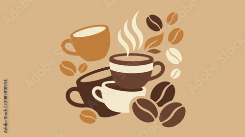 Stylized coffee cups with roasted coffee beans and steam.