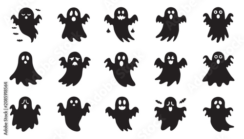 Collection of various black ghost silhouettes featuring different spooky facial expressions and floating poses in a flat vector graphic icon set de...