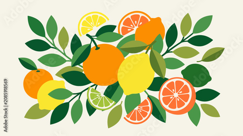 Assorted citrus fruits including oranges and lemons with leaves.