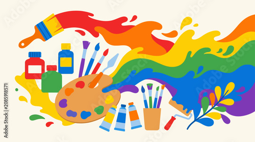 Artist palette with paint brushes and rainbow splash.