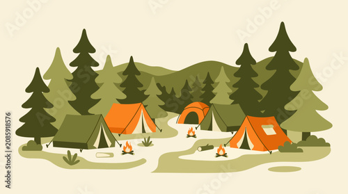 Camping site with orange tents in a pine forest.