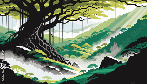 Large green tree in a foggy forest landscape