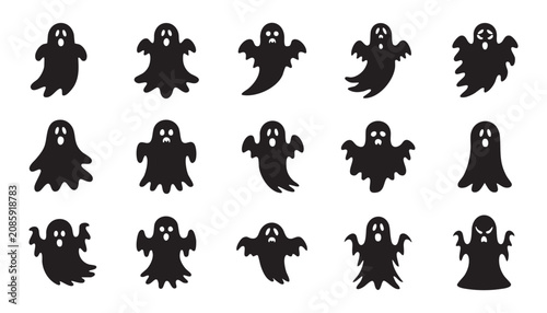 Collection of black ghost silhouettes featuring various spooky expressions and floating poses isolated on a clean white background for design
