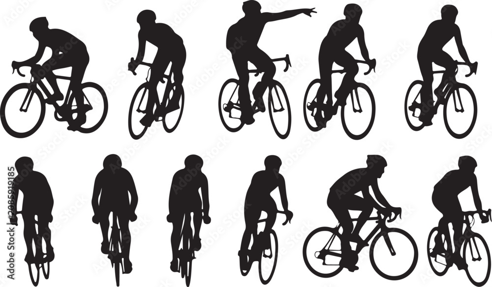 Obraz premium Cycling silhouettes, bicycle icons, bike riders, sports graphics