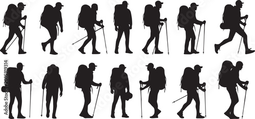 Tableau sur toile Hiking, backpacker, trekking silhouettes, walking icons, 16 people