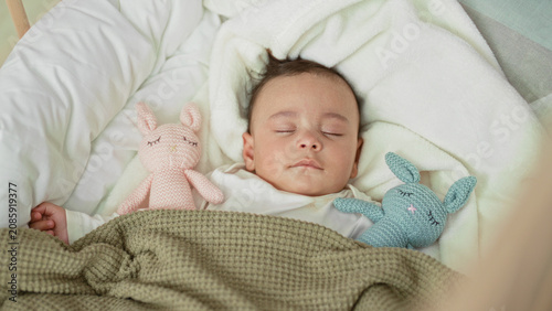 Photography Baby sleeping in cradle with visible left hand and two knitted bunny toys on a soft blanket in a nursery; calm comfort