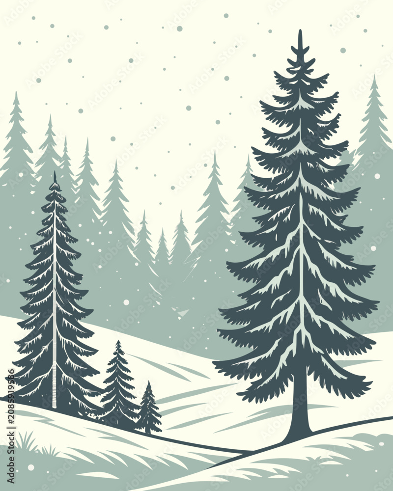 Obraz premium Pine trees in a snowy winter forest landscape