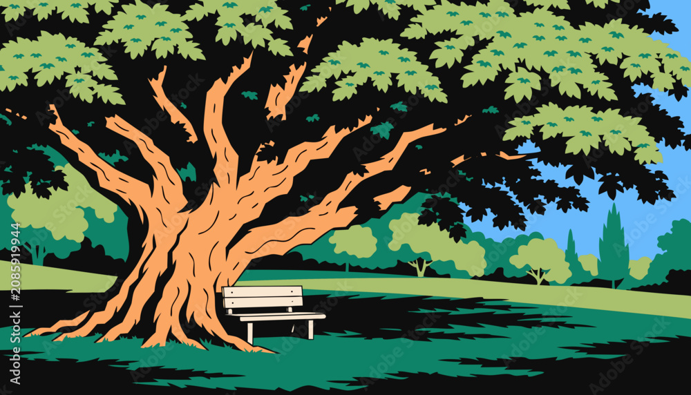 Fototapeta premium Large tree with bench in a peaceful green park
