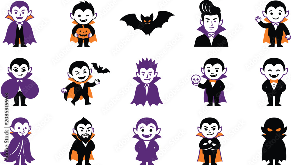 Fototapeta premium Halloween vampire icon collection featuring classic Dracula characters, cute spooky mascots and flat cartoon vector illustration set