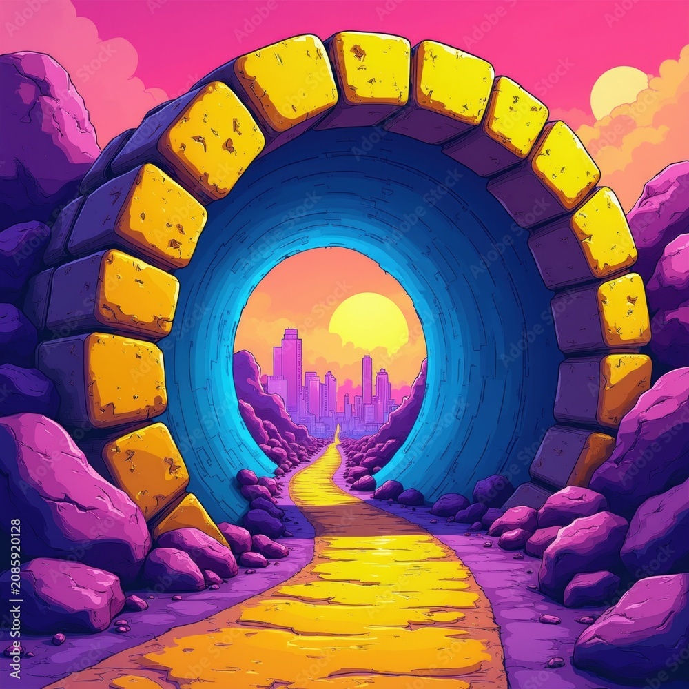 Fototapeta premium Bright cartoon tunnel with yellow path leads to city skyline. Colorful rocks and sky suggest dream or fantasy world. Neon colors and abstract style. Futuristic or retro design.