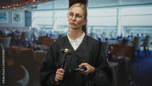 Tableau sur toile Judge woman holding gavel and sound block, stern gaze and raised chin in a dining building; authority judgment