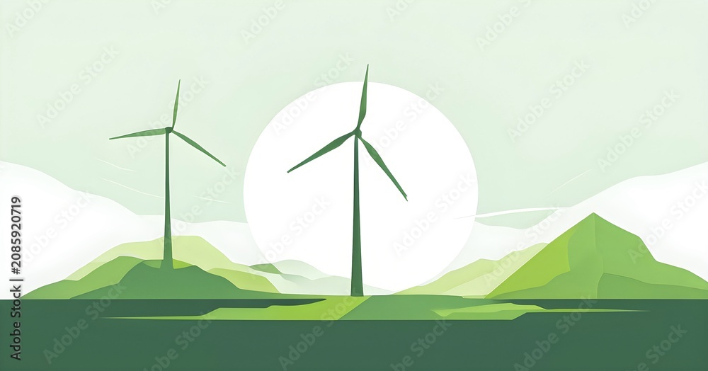 Fototapeta premium Windmill as symbol for green energy, minimalist abstract wallpaper illustration background, AI generated