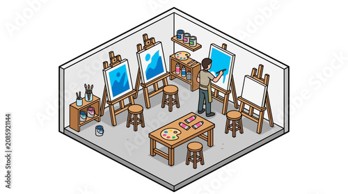 Isometric illustration of an artist painting in an art studio