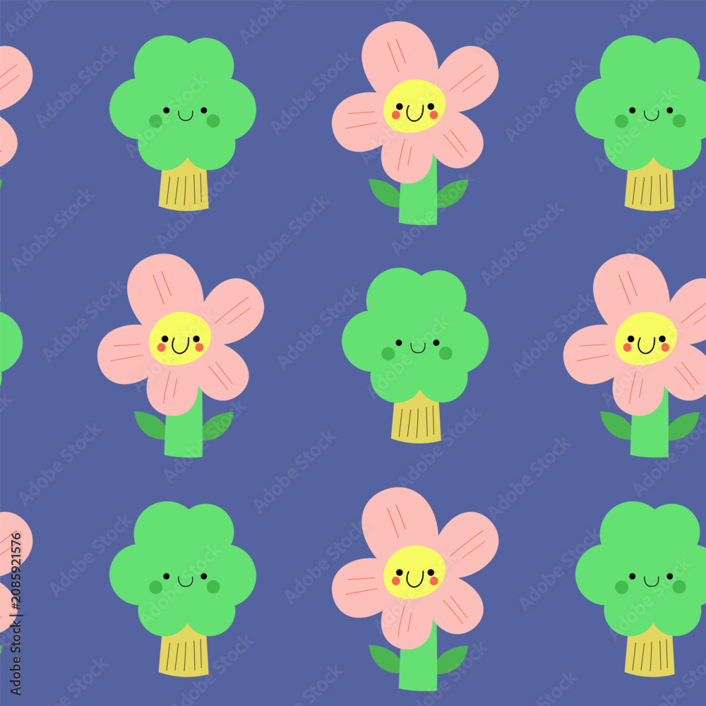 Fototapeta premium Playful vector repeating backdrop with happy cartoon nature characters for kids summer clothing.