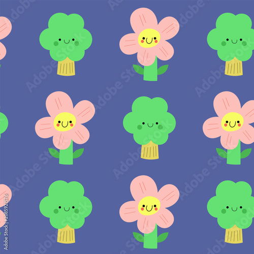 Playful vector repeating backdrop with happy cartoon nature characters for kids summer clothing.
