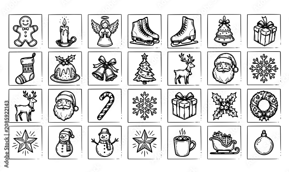 Fototapeta premium Vintage chalk texture Christmas collection with retro hand drawn line ink sketches isolated on white