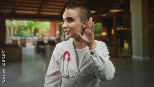 Obraz na plátně Woman doctor with stethoscope cups hand to ear for listening in clinic reception area; empathy attentive care