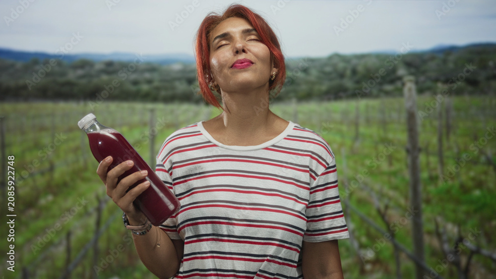 Obraz premium Woman holding a bottle of red juice with eyes closed in a vineyard field outdoors, striped shirt and bracelets visible; serenity.