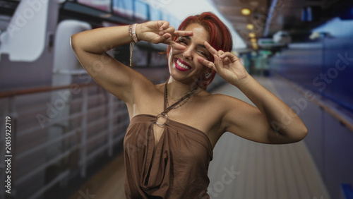 Fotografie Woman makes peace sign with arms raised and smiles on ship deck beside railing in brown halter top and layered necklaces; vacation joy