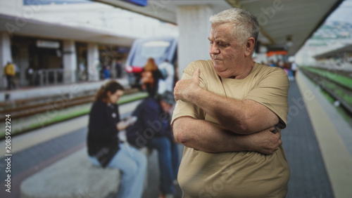 Man holds shoulder with right hand at train platform building, arms folded across chest; discomfort.