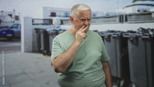 Fotografie Man pinches nose beside a row of large trash bins on street, holding finger to nostril and squinting at a strong smell source; disgust odor