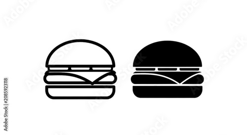 Minimal black silhouette icon, simple flat vector, bold black shape, no gradients, no shading set of two burger icons, one outline style and one solid black style on a, flat icon style