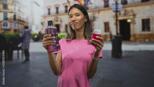 Photography Thai woman holds mouthwash bottle and toothpaste in hands, smiling and presenting products in front of a historic building plaza; oral care wellness cheerful