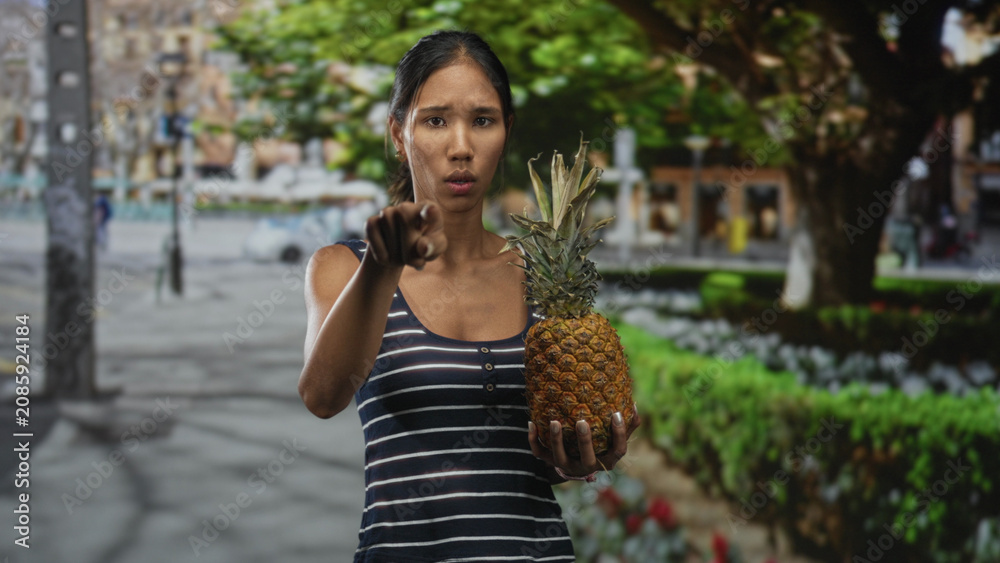 Fototapeta premium Thai woman holds a whole pineapple in her right hand, points forward with left index finger, standing near trimmed hedges and trees on a street; determination.