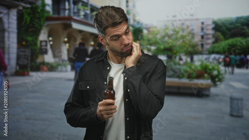 Fotografie Man with beard holding beer bottle touches cheek for toothache on street; discomfort hesitation uncertainty