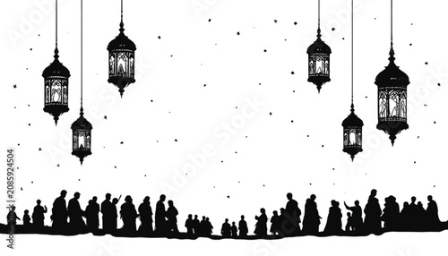 Lanterns hang gracefully above a crowd of silhouettes gathered in a festive arrangement to celebrate a holy occasion with a sense of communal joy and spiritual illumination under the night sky.