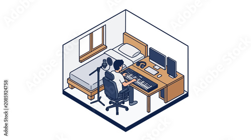 Cuadro en lienzo Man creating music in home studio isometric illustration