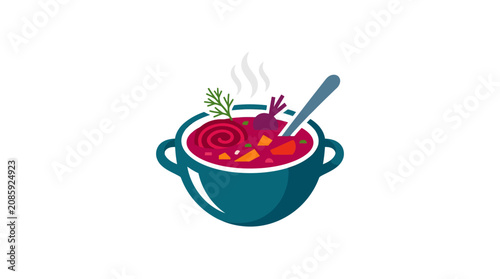 Tableau sur toile Steaming bowl of vegetable soup with spoon inside.
