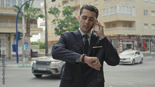 Cuadro en lienzo Man in a navy suit talking on a smartphone while checking a wristwatch on a busy street, glancing at traffic and storefronts; urgency