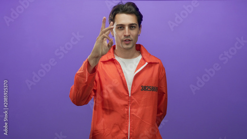 Konstfotografi Man in orange prison jumpsuit with inmate number points index finger toward camera, purple studio backdrop; defiance