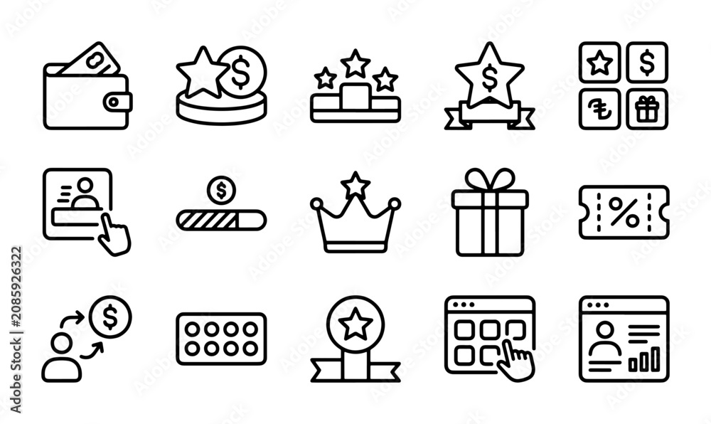 Fototapeta premium Reward Icons Set, Loyalty Program Vector Graphics, Gift Voucher & Wallet Line Art Collection