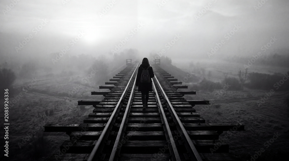 Obraz premium Foggy Railway Bridge Journey In Monochrome