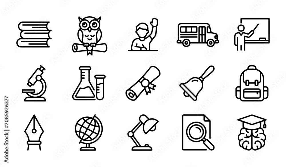 Fototapeta premium Education Icons Set: School, Learning, Knowledge, Science, Study, 15 Vector Elements