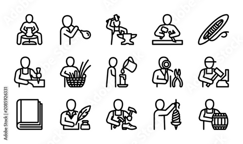 Принти на полотні Artisan Craft Icons: Blacksmith, Baker, Weaver, Bookbinder, Shoemaker, 15 Vector