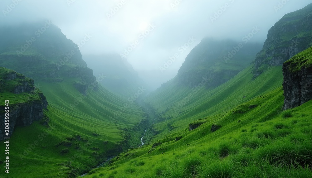 Fototapeta premium Green valley with steep, grass-covered slopes and a winding stream. Mist softens distant mountain peaks. Serene natural landscape evokes peacefulness and awe.