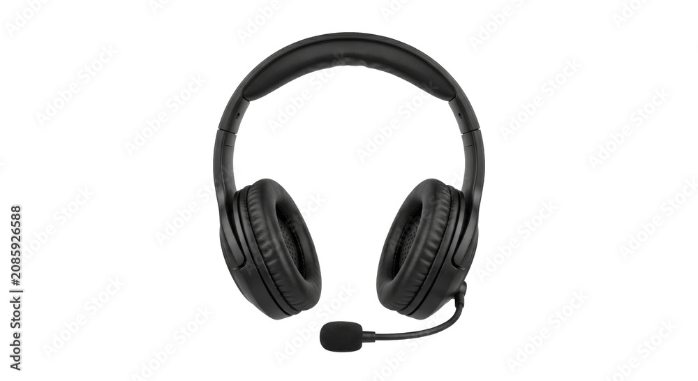Fototapeta premium Modern black over-ear headphones with a flexible microphone boom for clear communication