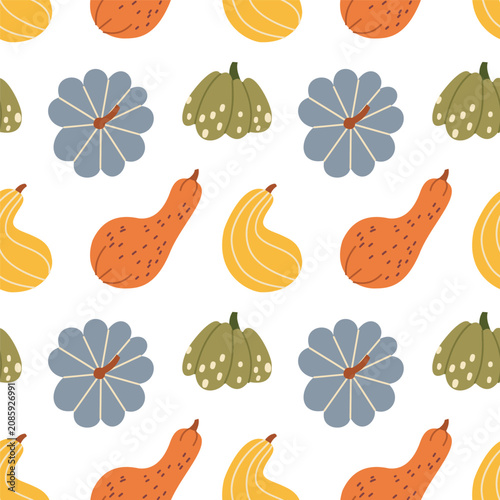 Seamless autumn pumpkin pattern in simple hand drawn style, flat vector fall gourd backdrop for thanksgiving textile and packaging
