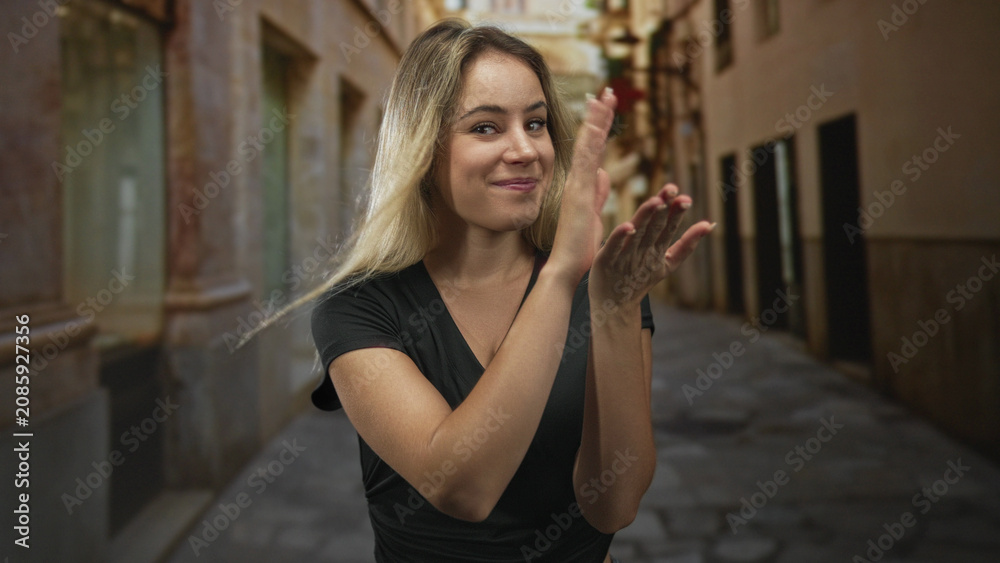 Obraz premium Woman makes finger heart gesture with hands on an old town street, smiling broadly toward camera; playful.