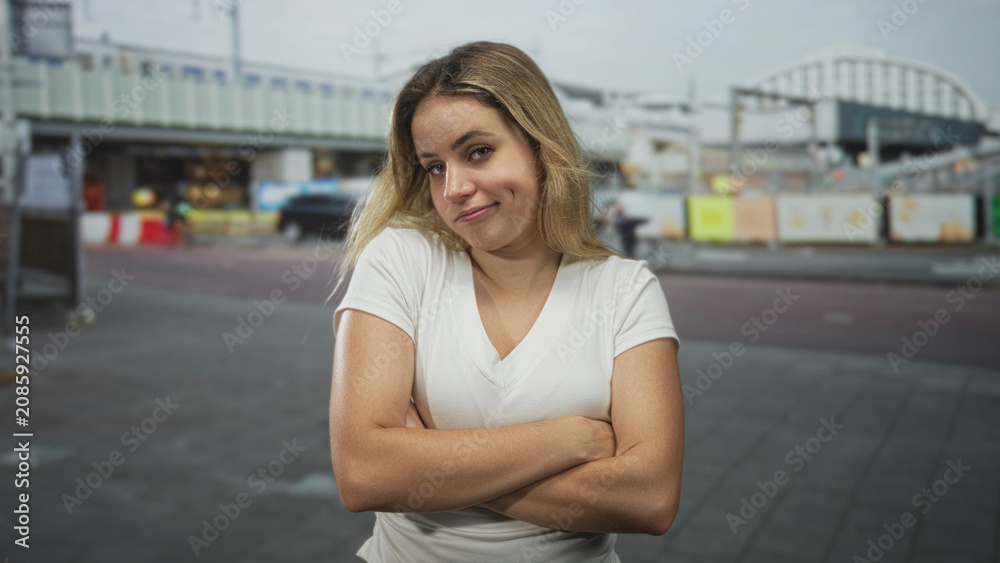 Fototapeta premium Woman with blonde hair and arms crossed on city street wearing white t shirt looking skeptical and unimpressed, subtle smirk; defiance doubt.