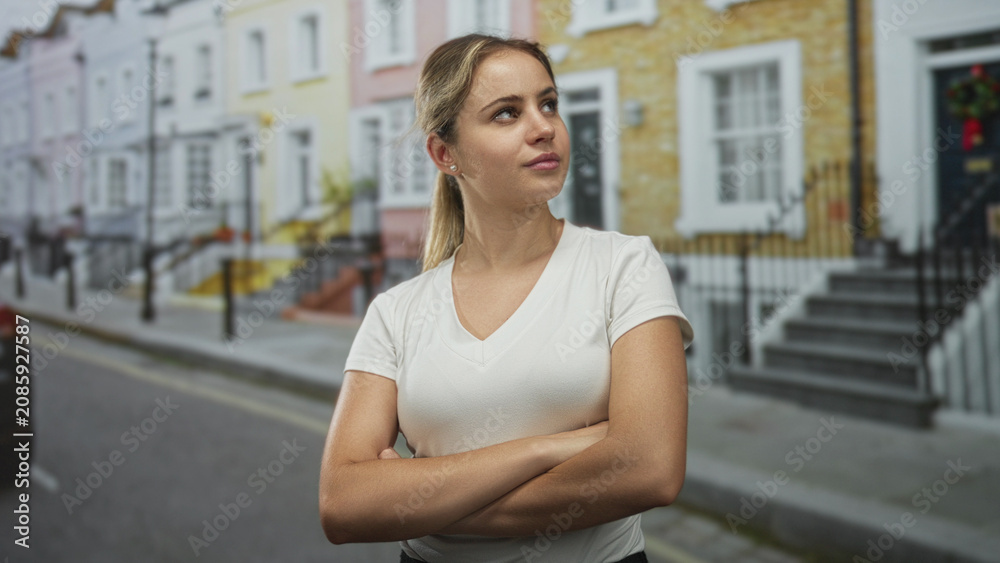 Fototapeta premium Woman with arms crossed on a street lined with pastel row houses, standing and looking to the side, casual white tee visible; confidence resilience.