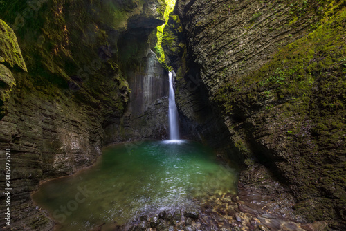 Slap Kozjak Waterfall in Slovenia Surrounded by Mossy Cliffs
