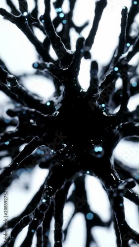 Extreme close-up macro video of obsidian-black digital fluid with glowing nanoscale elements expanding into dynamic patterns on a pristine white background, concept of future innovation