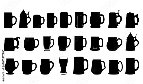 Tableau sur toile Premium black beer mug silhouette vector set with traditional stein tankard and