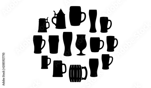 Quadro su tela Modern black beer mug silhouette vector icons with assorted brewery tankard and